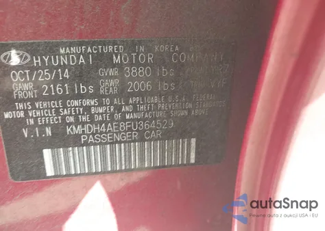 2015 Hyundai Elantra Se from USA, damaged, VIN KMHDH4AE8FU364529